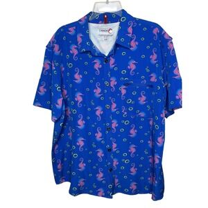Canada Sportswear Mens XL Blue Pink Seahorse Short Sleeve Button Shirt Beach